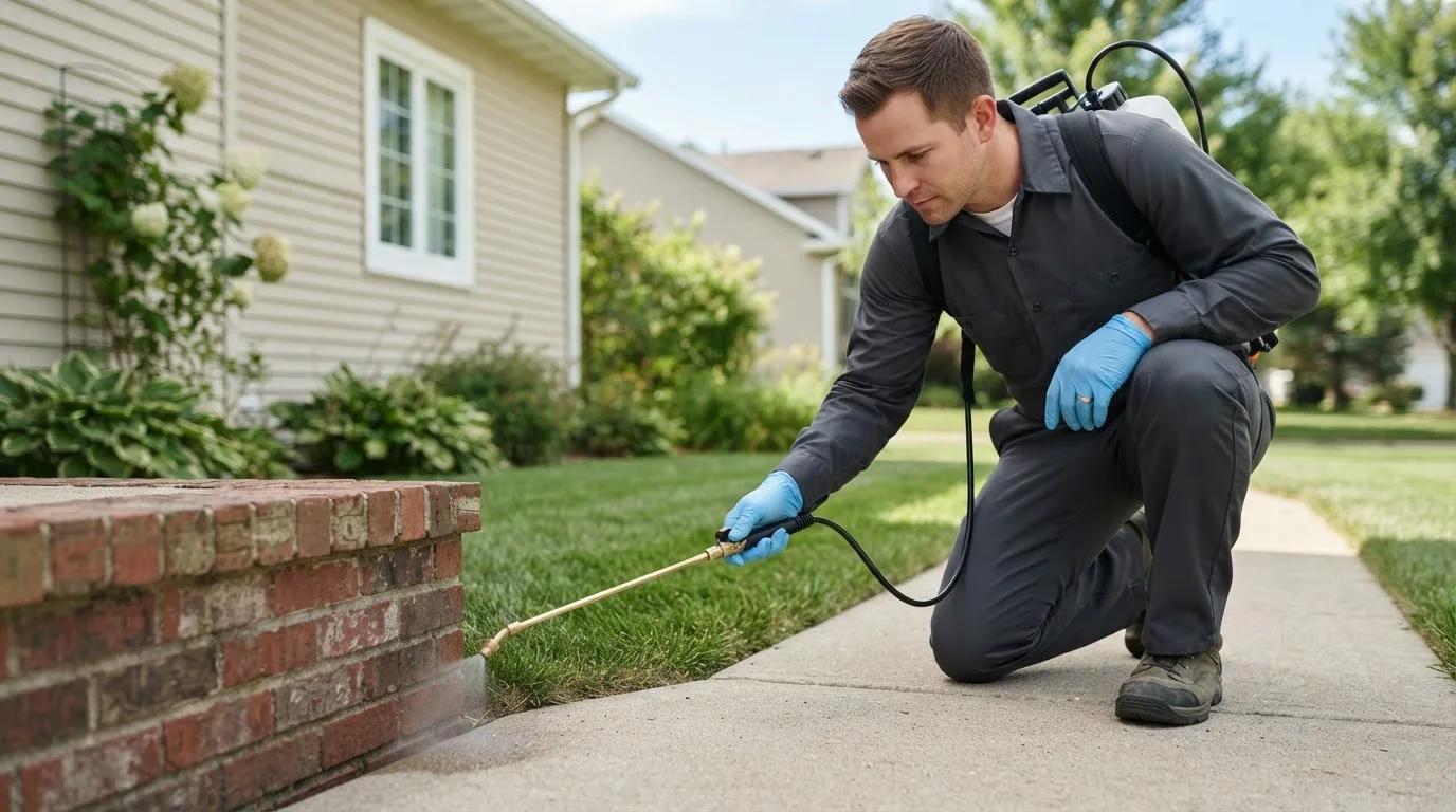 Pest control technician treating a home near Makinen, MN