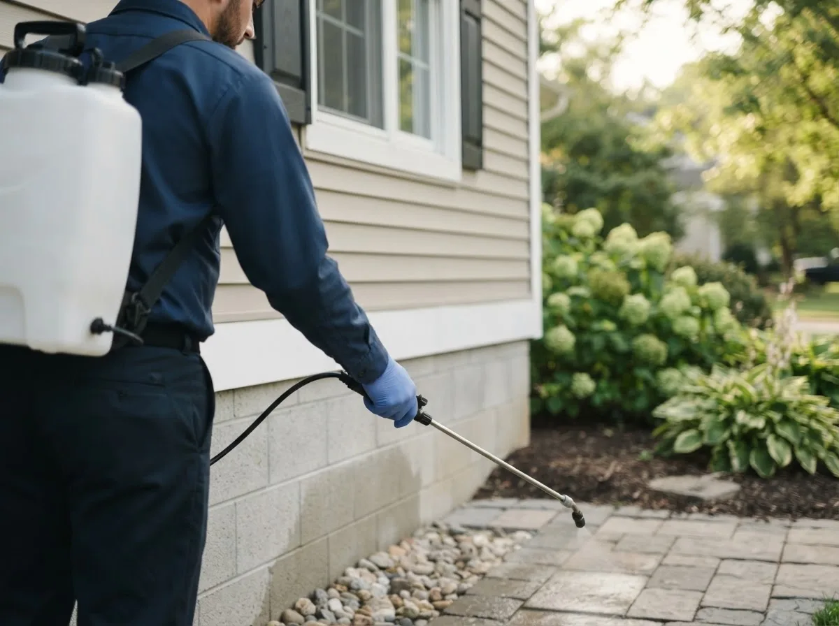 Pest control technician inspecting a home in Makinen, MN